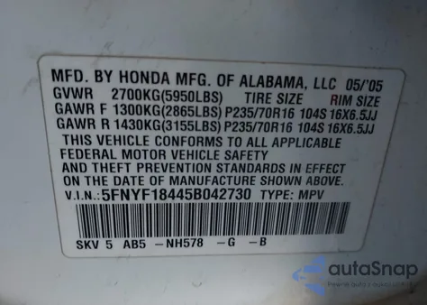 2005 Honda Pilot Ex z USA, uszkodzony, nr VIN 5FNYF18445B042730